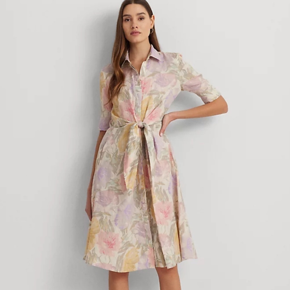 NWT RALPH LAUREN Floral Tie-Front Linen Shirtdress SIZE US 16